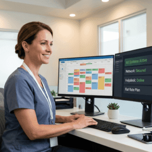 Medical office manager in scrubs smiling at a dual-monitor workstation showing an IT support dashboard with all systems active and a flat rate plan indicator, alongside a fully booked patient appointment calendar.
