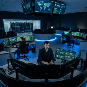 A team of cybersecurity analysts monitoring a Security Operations Center with multiple screens displaying threat detection dashboards, global network maps, and healthcare-protected system status indicators.