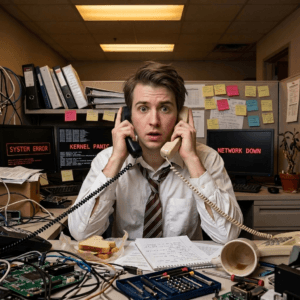 Stressed IT technician juggling two phone calls at once, surrounded by tangled cables, error-filled monitors, and a chaotic desk piled with hardware and sticky notes.