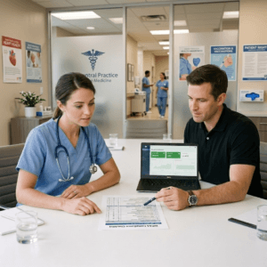 Female doctor in scrubs and an IT provider representative reviewing a HIPAA Compliance Checklist and security dashboard in a medical practice meeting room, with health posters and clinical staff visible in the background.
