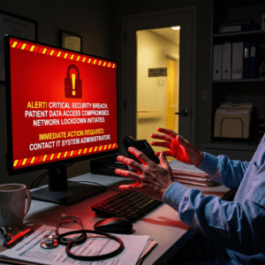 Medical professional reacting in alarm to a critical security breach alert on a computer screen, with a warning showing patient data compromised and network lockdown initiated, stethoscope and patient files visible on the desk.