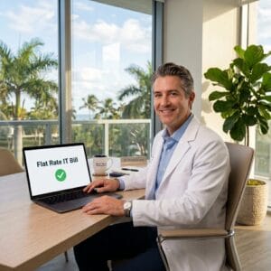 Doctor in a white coat smiling at a laptop displaying an IT support pricing breakdown in a bright Palm Beach medical office with ocean and palm tree views.