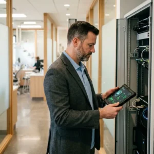 IT director reviewing a cybersecurity dashboard on a tablet next to a server rack in a dental practice hallway