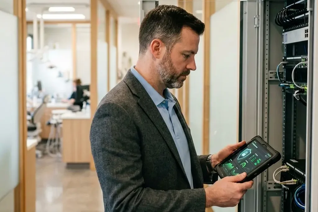 IT director reviewing a cybersecurity dashboard on a tablet next to a server rack in a dental practice hallway