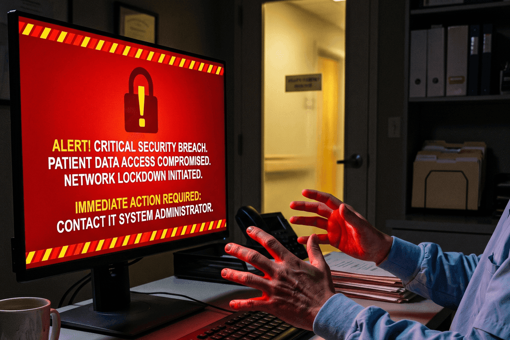 Medical professional reacting in alarm to a critical security breach alert on a computer screen, with a warning showing patient data compromised and network lockdown initiated, stethoscope and patient files visible on the desk.