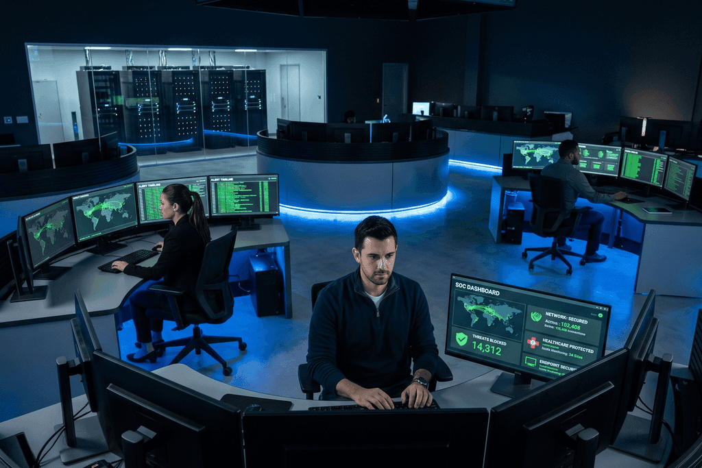 A team of cybersecurity analysts monitoring a Security Operations Center with multiple screens displaying threat detection dashboards, global network maps, and healthcare-protected system status indicators.