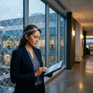 A compliance officer reviewing a secure patient-records tablet in a hospital corridor, with an abstract glowing lattice overlaid on the building's glass facade suggesting encrypted data protection — deliberately avoiding the padlock/laptop cliché. Editorial, WIRED-style lighting and color grading (navy/slate/amber).