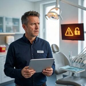 A concerned IT Director in a navy shirt holds an unbranded tablet in a dental treatment room, while a wall monitor displays a glowing warning triangle and unlocked padlock icon signaling a healthcare data security risk.