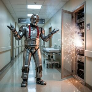 urkelbot standing in a hallway with a server he broke
